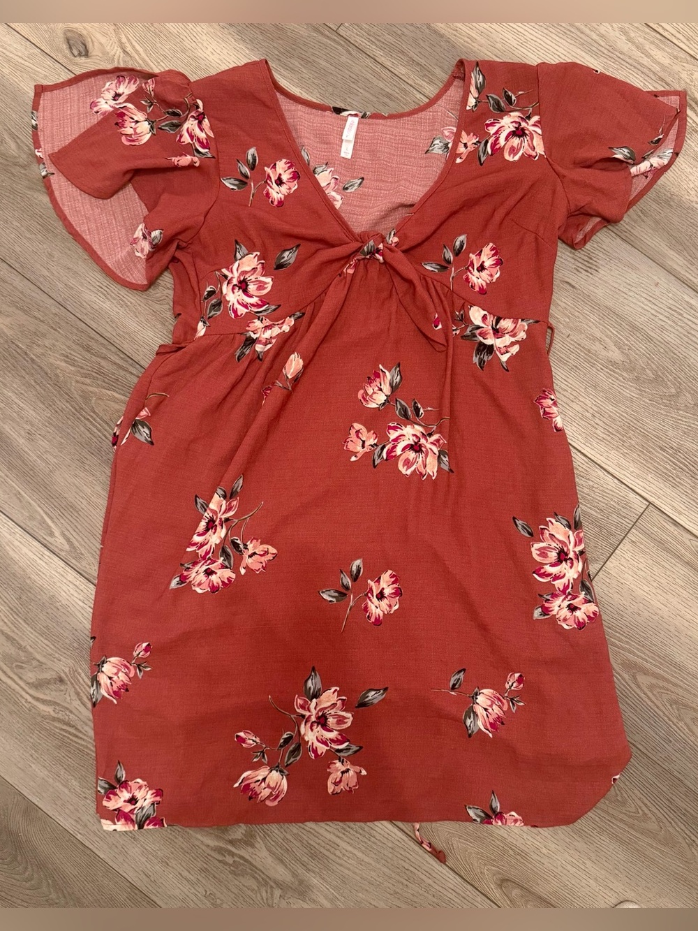 Floral Tie-Front Women’s Dress — Rust Red